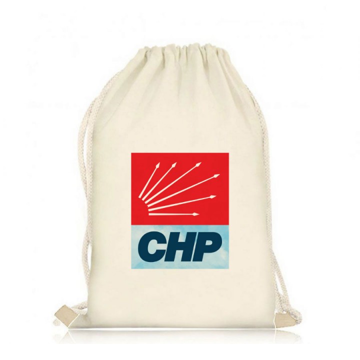 CHP Logolu İp Büzgülü Ham Bez Çanta %100 Organik Geri Dönüştürülebilir Promosyon Model